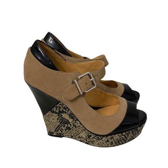 Gianni Bini Suede Patent Leather Snake Print Platform Mary Jane Wedge Heels Sz 6 - Picture 2 of 9